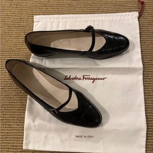 Salvatore Ferragamo Black Patent Flats with Strap